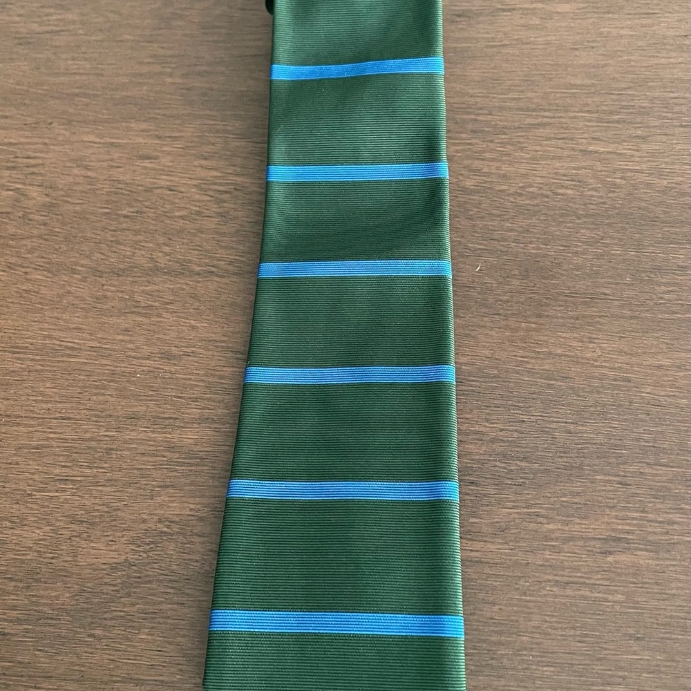 J. Crew silk olive with a horizontal aqua blue stripe. Perfect condition.